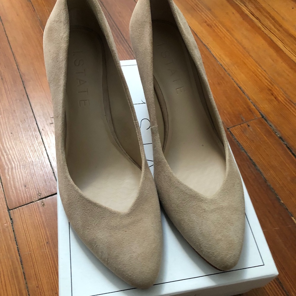 1. State Suede Wedge Heels, Beige, Size 7.5
